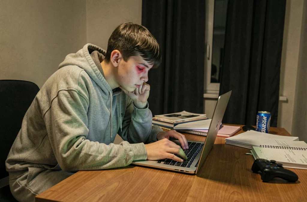 Adolescent épuisé devant son ordinateur portable tard dans la nuit, montrant l'impact des écrans sur la qualité du sommeil des lycéens