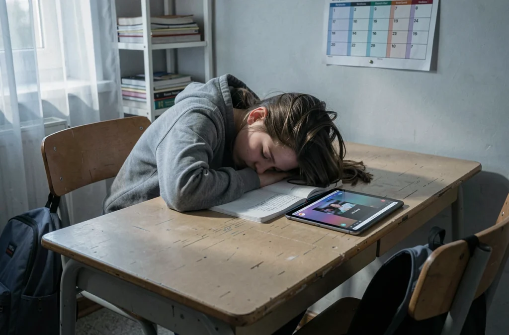 Jeune adolescente endormie sur ses devoirs au lever du jour, tablette allumée à côté, illustrant le manque de sommeil causé par l'utilisation nocturne des écrans