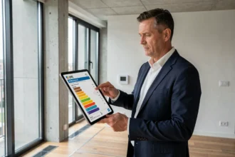 Agent immobilier présentant un diagnostic de performance énergétique DPE dans un appartement moderne aux normes énergétiques récentes