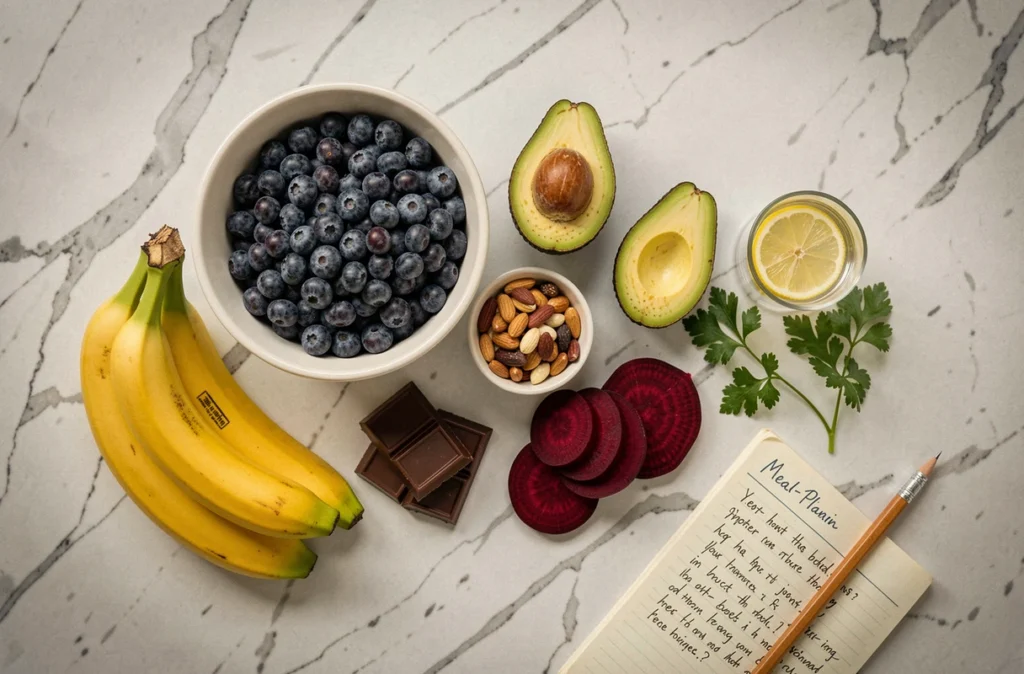 Vue aérienne d'aliments sains riches en potassium et pauvres en sodium recommandés pour réduire l'hypertension artérielle