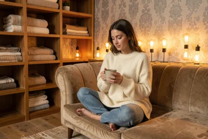 Femme en pull oversize dans un salon cocooning avec lampes tamisées et décoration chaleureuse