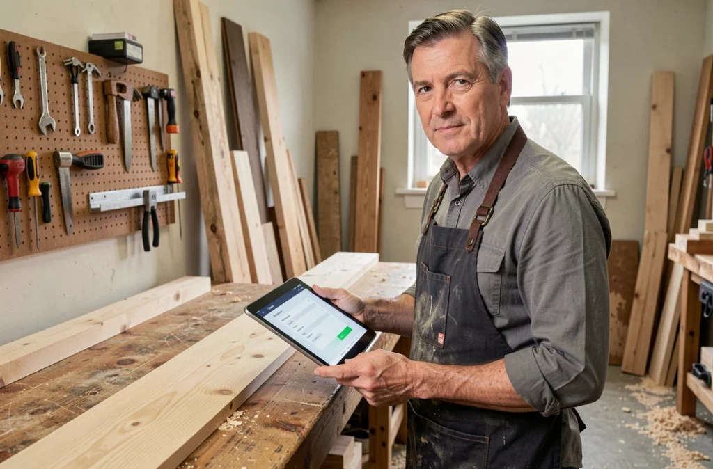 Artisan consultant une demande de microcrédit sur tablette dans son atelier pour développer son activité