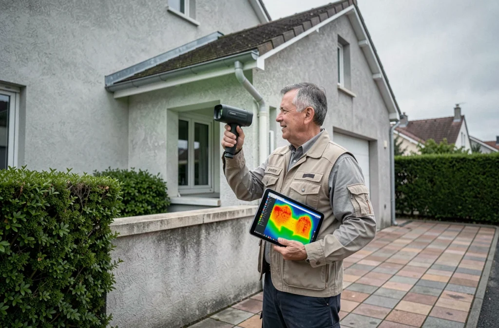 Auditeur énergétique utilisant une caméra thermique sur la façade d'une maison pour un diagnostic de performance énergétique DPE