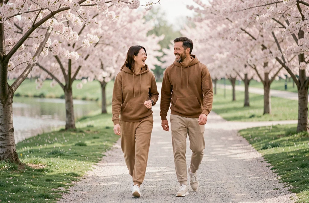 Deux amis riant ensemble lors d'une promenade dans un parc fleuri au printemps, symbolisant les effets positifs des balades régulières sur le bien-être mental