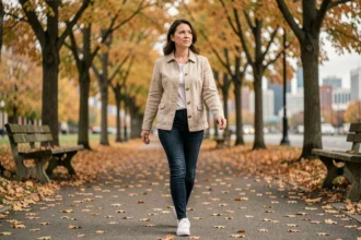 Femme marchant sereinement sur un chemin arboré en automne pour illustrer les bienfaits des balades quotidiennes sur la santé mentale