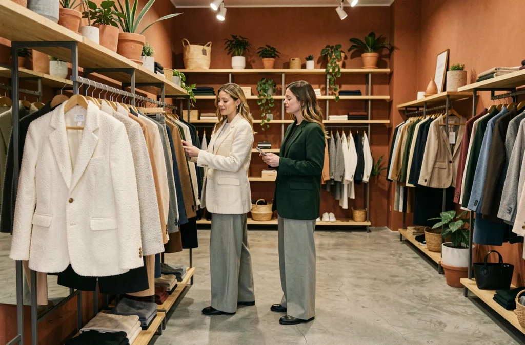 Deux femmes essayant des blazers oversize dans une boutique concept store parisienne au décor chaleureux