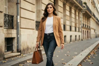 Femme portant un blazer oversize camel dans une rue parisienne aux façades haussmanniennes en automne