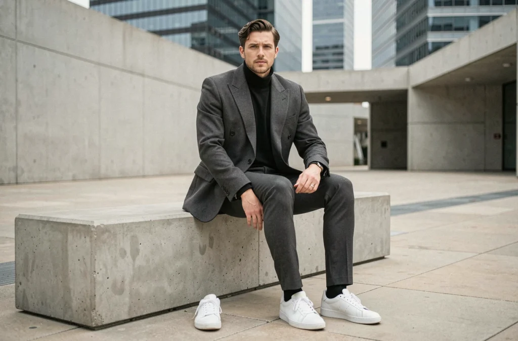 Homme en blazer oversize anthracite assis dans une place urbaine minimaliste avec architecture contemporaine