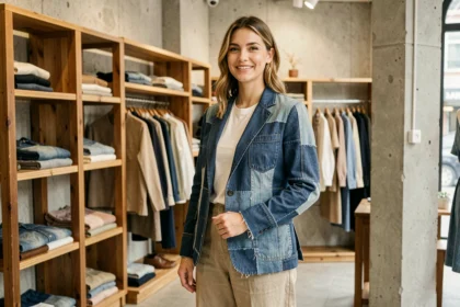 Femme portant un blazer upcyclé en patchwork de denim dans une boutique de mode éco-responsable à Paris
