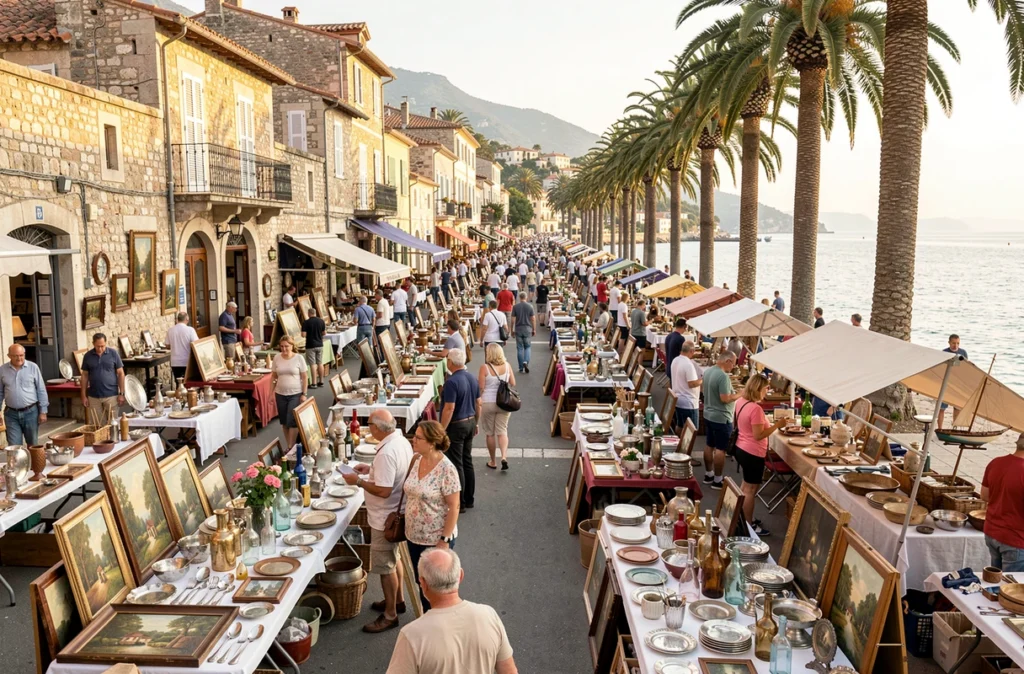 Vue large d'une brocante en plein air sur le front de mer des Alpes-Maritimes avec des antiquités variées