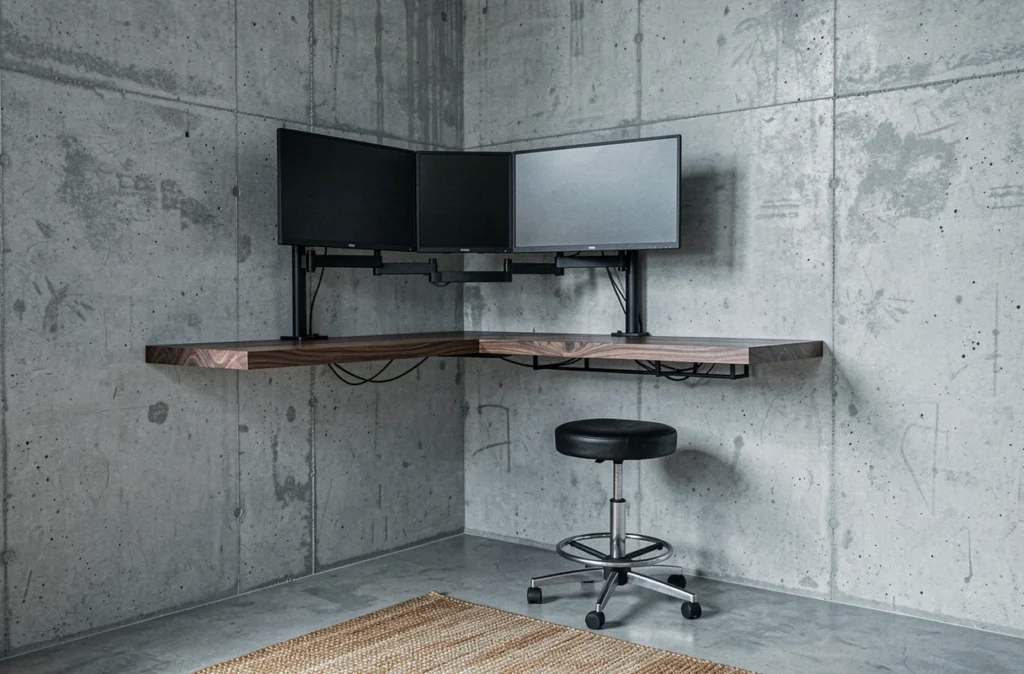 Bureau flottant en noyer avec double écran sur bras articulé dans une petite chambre-bureau aux murs en béton