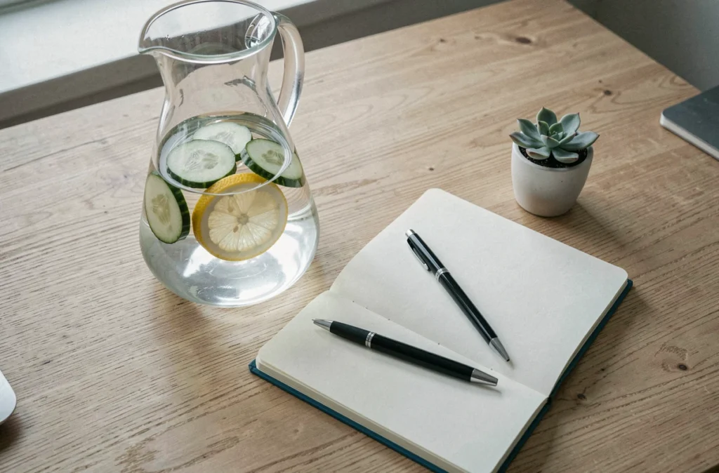 Carafe d'eau infusée au citron et concombre posée sur un bureau en bois, symbole d'une bonne habitude d'hydratation