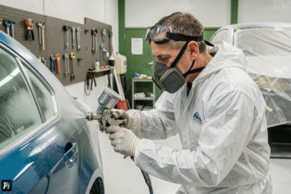 Carrossier appliquant de la peinture hydrodiluable sur une portière de voiture dans un atelier de carrosserie professionnel