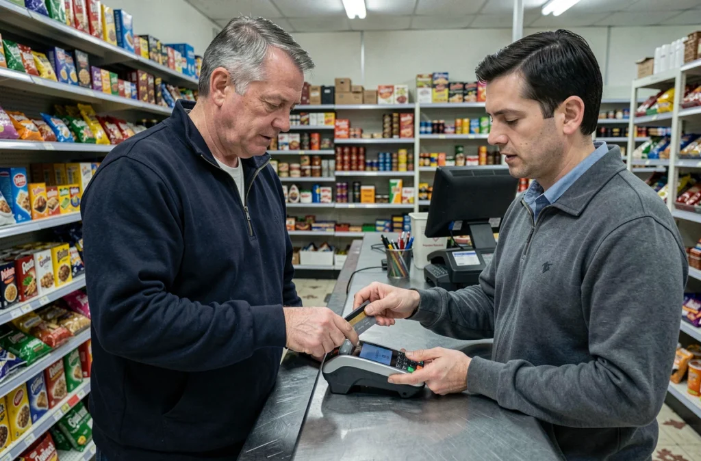 Un client règle ses achats par carte bancaire sans contact dans une épicerie de quartier