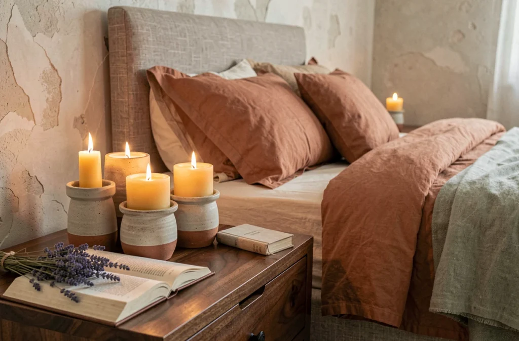 Bougeoirs en céramique et livre ouvert sur une table de chevet dans une chambre cocooning tamisée
