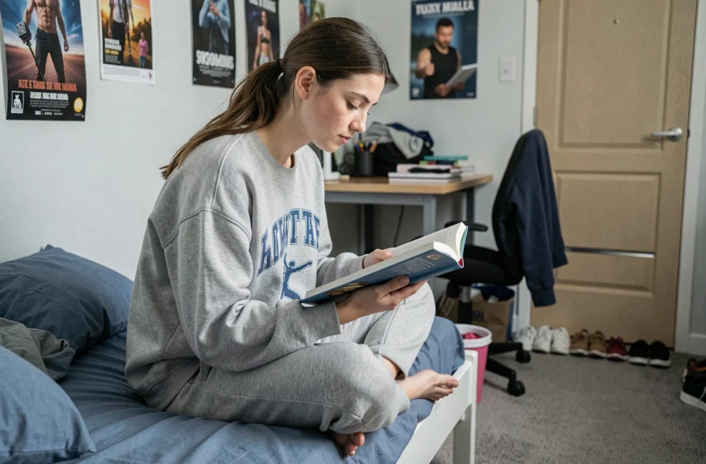 Étudiante lisant dans une chambre partagée en colocation avec les affaires de sa colocataire visibles en arrière-plan