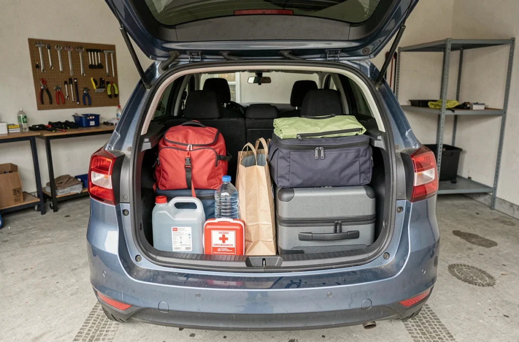 Coffre de voiture organisé avec kit de sécurité et bagages pour un long trajet