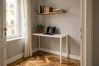 Coin bureau compact aménagé dans un petit appartement parisien avec bureau blanc, étagère murale et parquet en chevrons