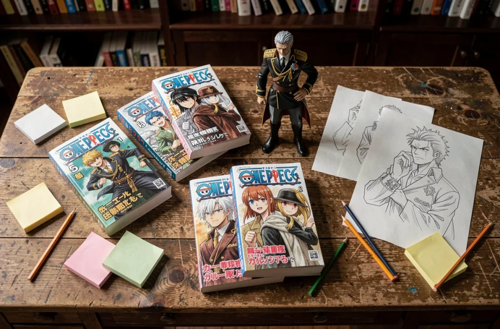 Collection de mangas One Piece, figurines et fan art d'un personnage mystérieux de la Marine sur un bureau de collectionneur
