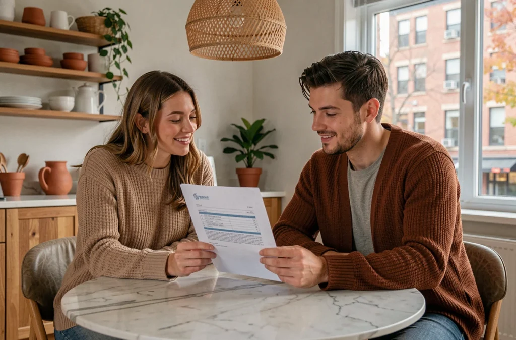 Deux jeunes actifs signant un contrat de location meublée dans une salle à manger moderne et chaleureuse