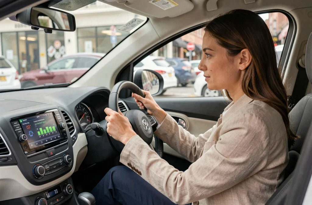 Femme au volant consultant l'écran de consommation de carburant de sa voiture en ville