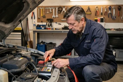 Homme connectant des câbles de démarrage sur une batterie de voiture dans un garage résidentiel