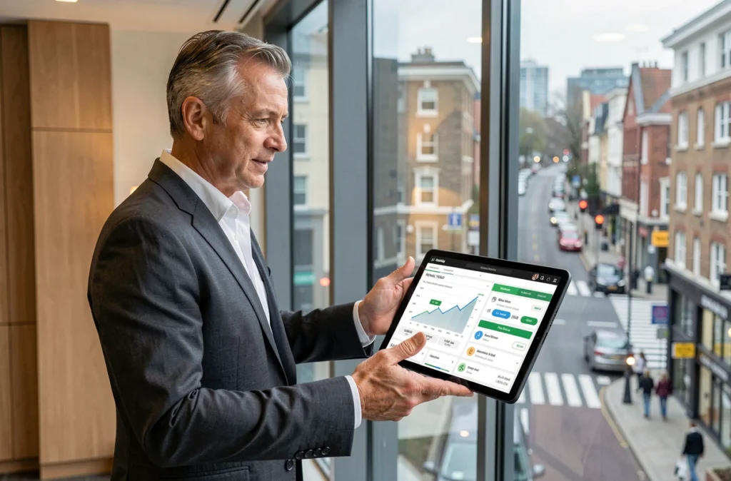 Conseiller immobilier présentant des données de rendement locatif sur tablette dans une agence moderne