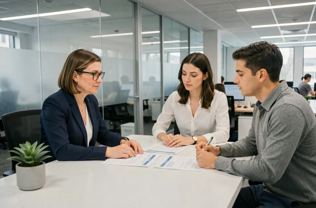 Conseillère bancaire présentant les conditions d'un compte joint à un couple dans une agence bancaire moderne