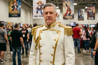 Cosplayer déguisé en amiral de la Marine de One Piece avec uniforme blanc et or dans un salon de convention
