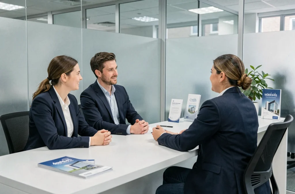 Couple en rendez-vous avec un conseiller bancaire pour obtenir un microcrédit et financer un projet