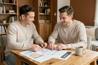 Couple étudiant des documents immobiliers à une table en bois pour leur premier achat immobilier