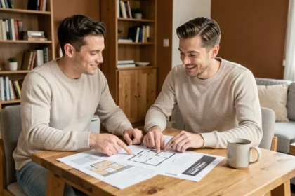 Couple étudiant des documents immobiliers à une table en bois pour leur premier achat immobilier