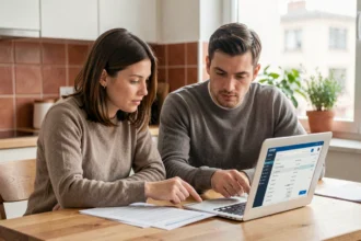 Couple gérant leurs finances communes sur un ordinateur portable à une table de cuisine en bois, illustrant l'ouverture d'un compte joint