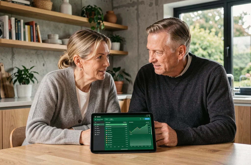 Couple d'investisseurs particuliers examinant leur portefeuille de placements responsables sur une tablette à la maison