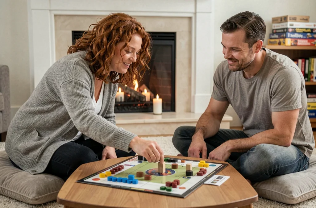 Couple jouant à un jeu de stratégie sur le sol du salon entouré de coussins et de boîtes de jeux de société