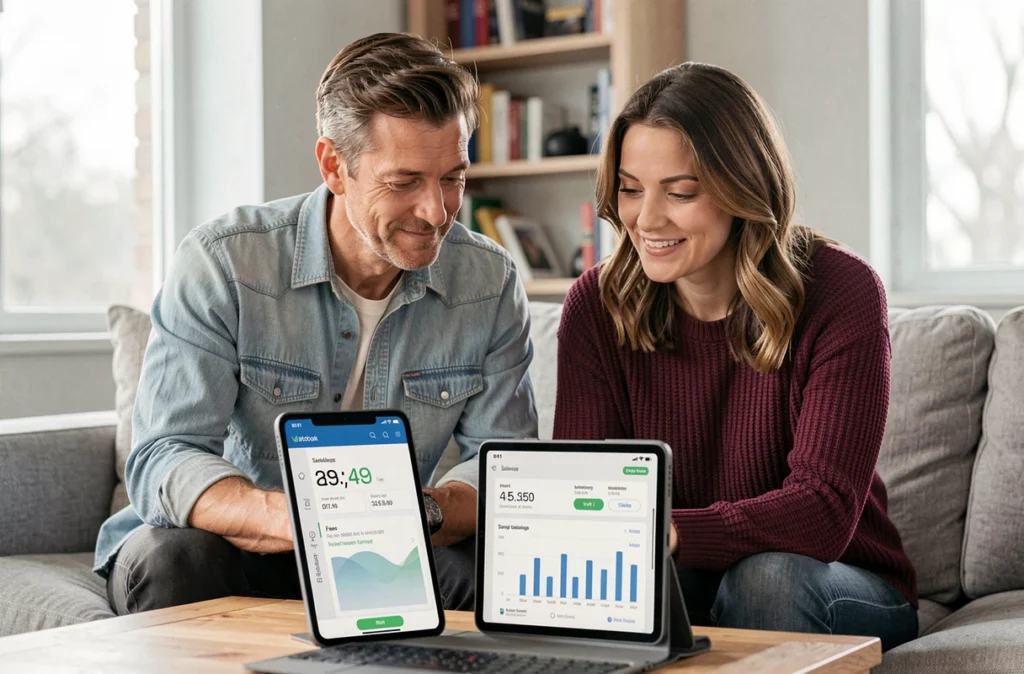 Couple examinant une comparaison de frais bancaires sur une tablette avec une application de néobanque dans leur salon