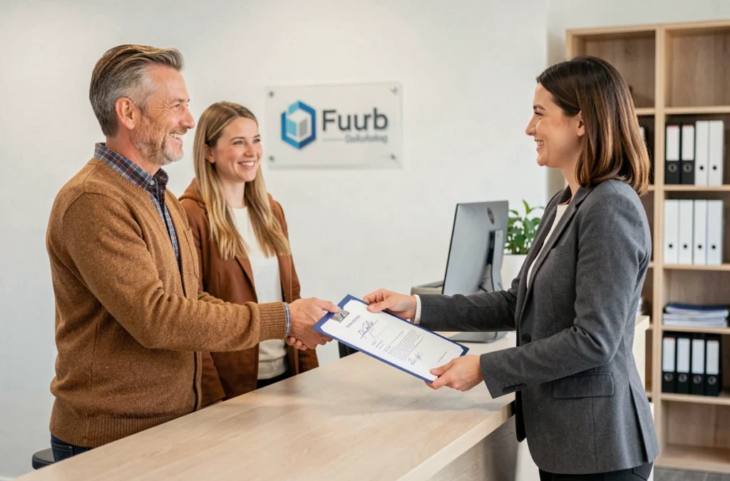 Couple signant un contrat d'assurance habitation avec un agent dans une agence moderne