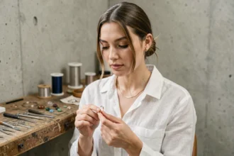 Jeune créatrice de bijoux minimalistes tenant une bague dorée dans un atelier artisanal en béton brut