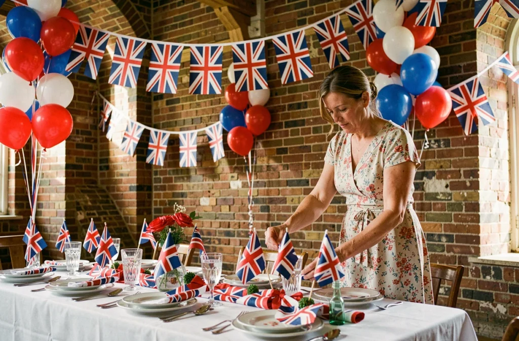 Décoration d'événement avec des drapeaux Union Jack en bunting dans une salle vintage au style britannique