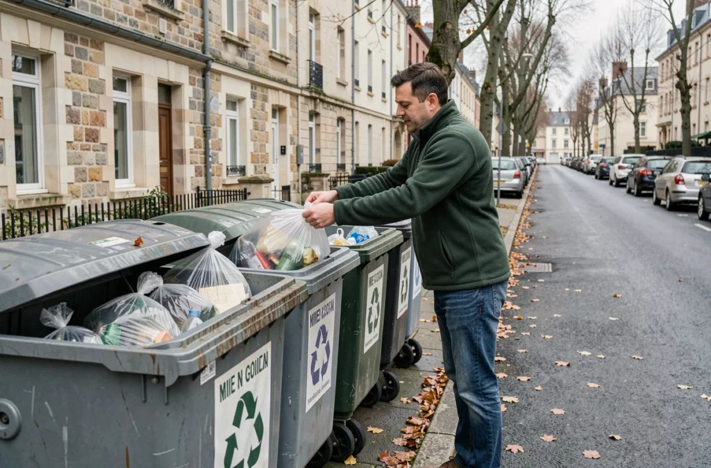 Homme déposant des sacs de déchets triés dans les bacs de recyclage municipaux en rue résidentielle