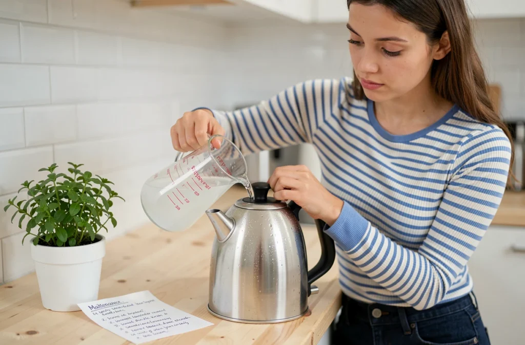 Jeune femme détartrant une bouilloire en inox avec du vinaigre blanc pour prolonger sa durée de vie