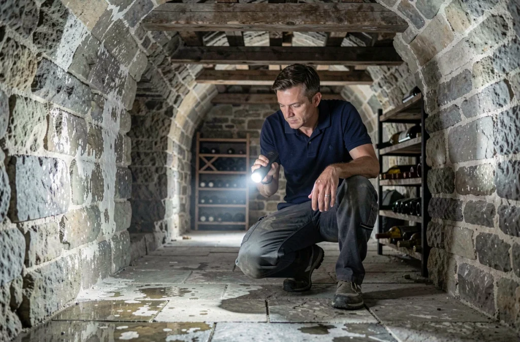 Expert immobilier inspectant les traces d'humidité dans la cave voûtée d'une maison ancienne lors d'un diagnostic avant achat