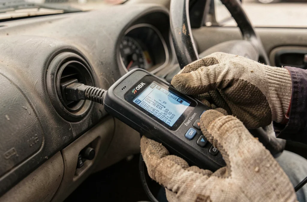 Mécanicien utilisant un scanner OBD pour diagnostiquer un véhicule d'occasion lors d'un contrôle technique