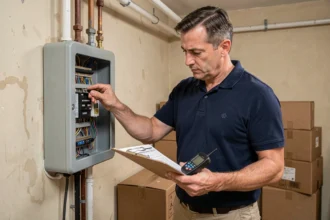 Diagnostiqueur immobilier inspectant un tableau électrique lors d'un diagnostic obligatoire avant vente