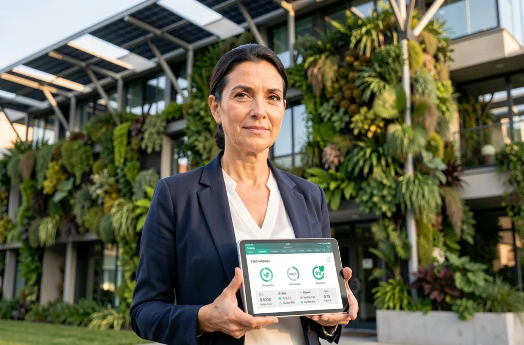 Directrice de développement durable d'une entreprise française devant un bâtiment à facade végétalisée illustrant l'engagement RSE