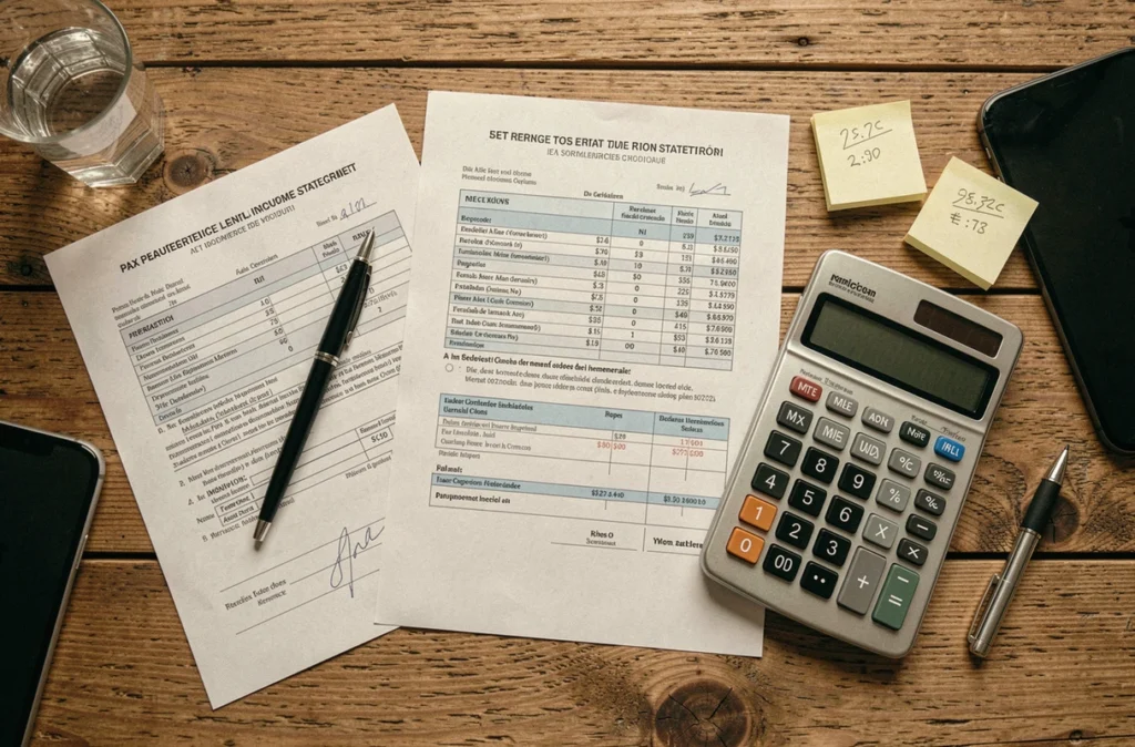 Vue aérienne de documents fiscaux et formulaires de déclaration de revenus locatifs sur une table