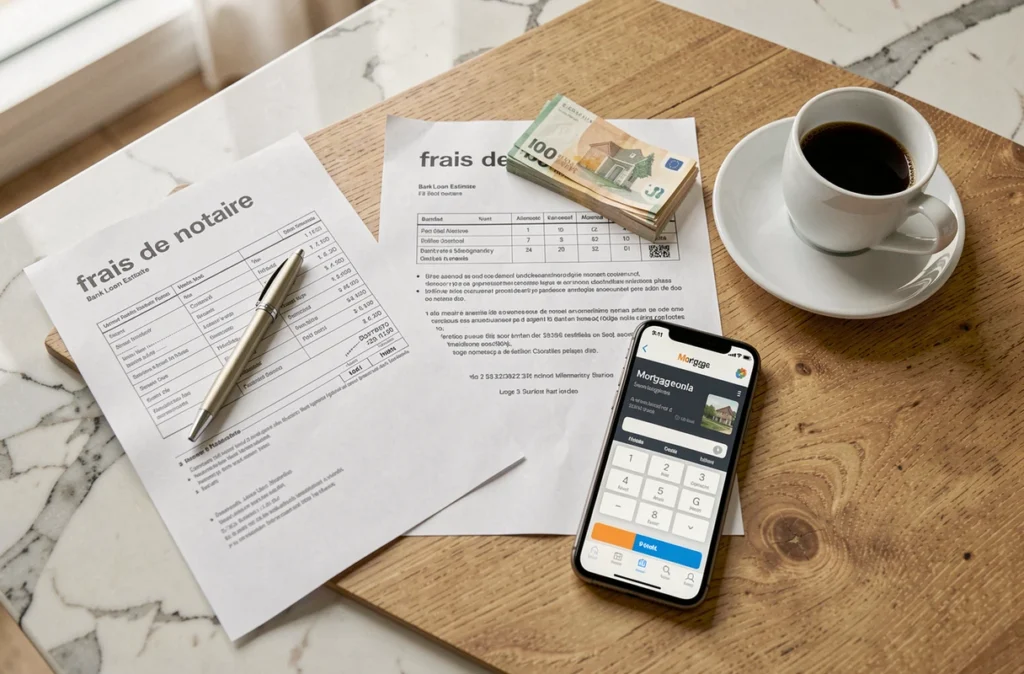 Vue du dessus de documents de frais immobiliers, factures de notaire et billets en euros sur une table