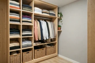 Dressing bien organisé avec vêtements triés par couleur sur des étagères en bois et paniers en osier assortis