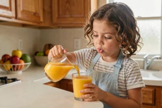 Petite fille de 7 ans versant du jus d'orange seule dans la cuisine, favorisant son autonomie au quotidien