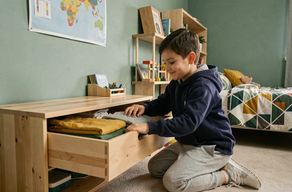 Garçon de 9 ans rangeant ses vêtements seul dans sa chambre, illustration de l'autonomie enfantine